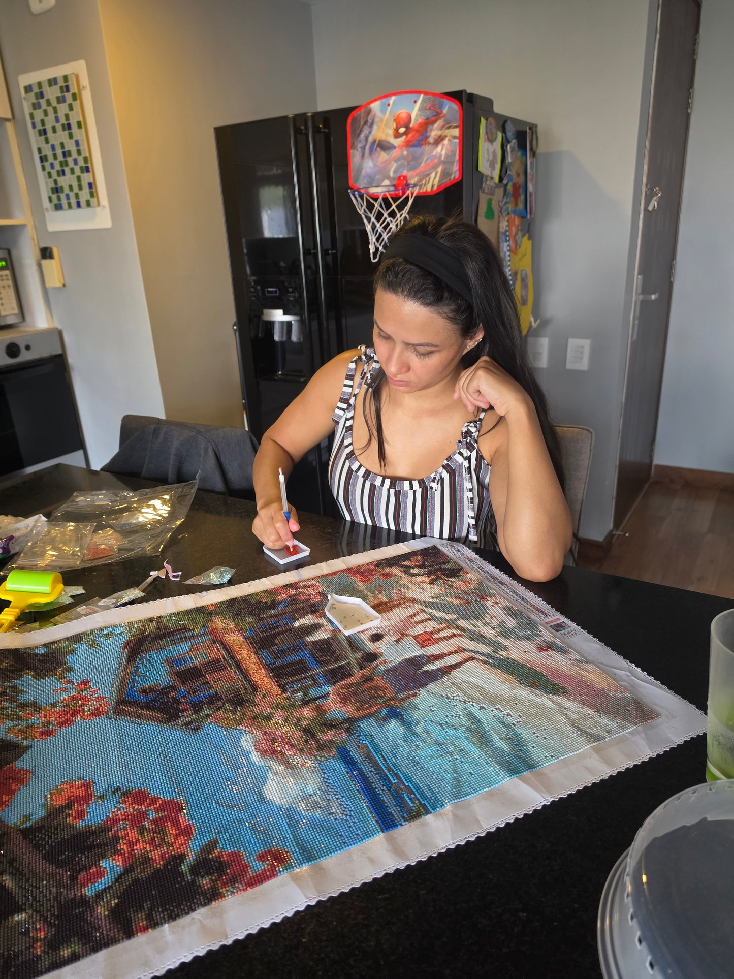 Large beach scene diamond painting in progress