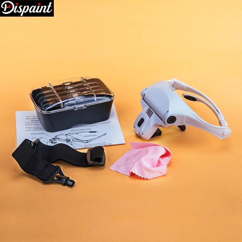 Headset with accessories on an orange background, featuring the Dispaint brand.