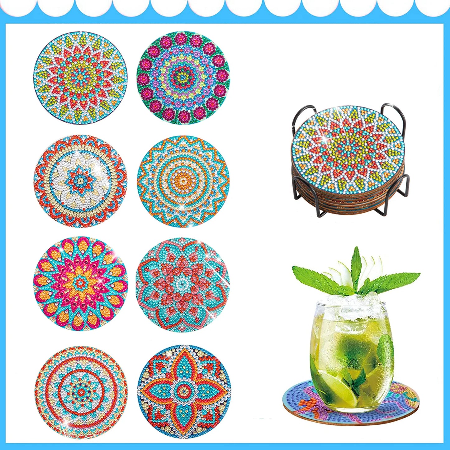 Diamond Painting Coasters Set — 8pc Mandala & Floral (Full Round Drill)