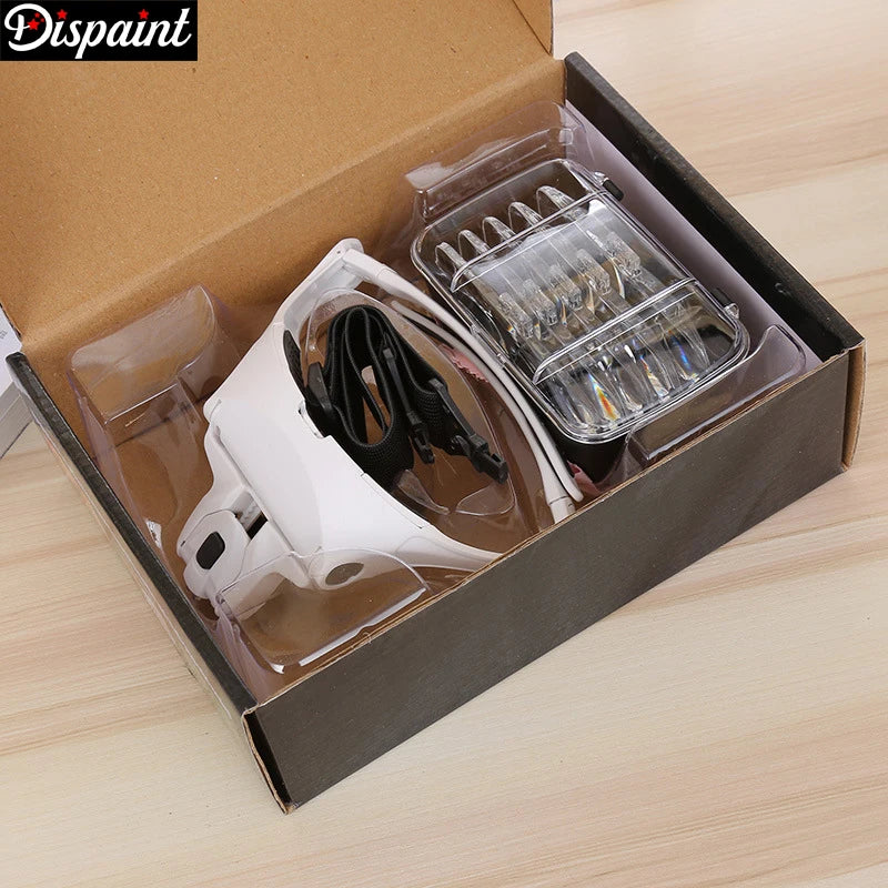 White headlamp with accessories in a cardboard box on a wooden surface, featuring the brand 'Dispaint'.