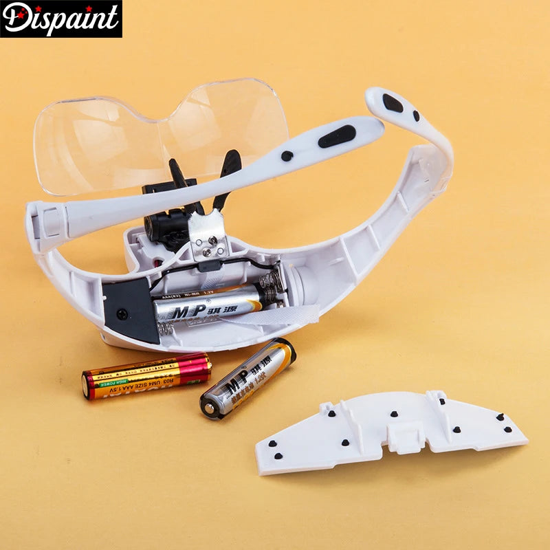 White headset with battery placement location on a yellow background, featuring Dispaint branding.