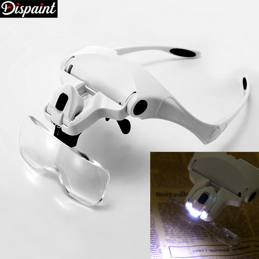 White magnifying glass headlamp with LED lights on a white background, featuring the brand 'Dispaint'.