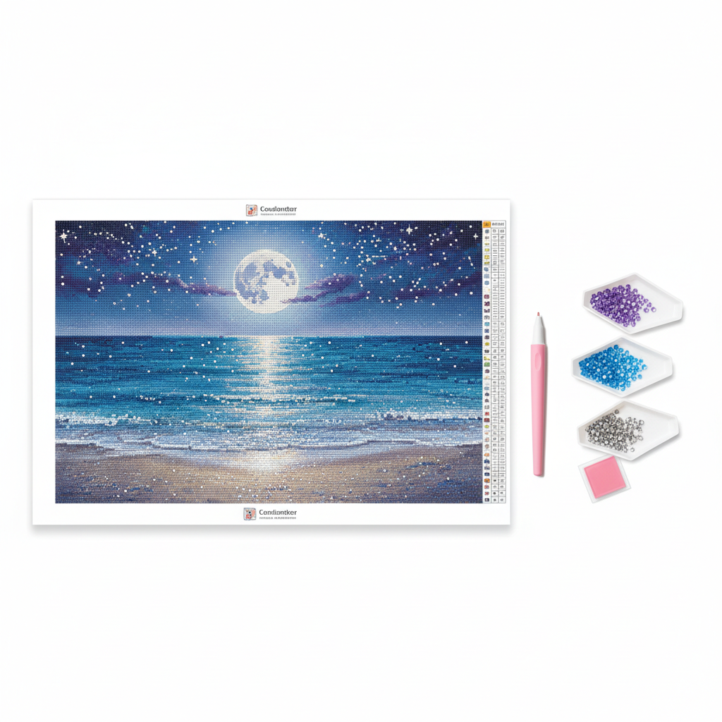 Moonlit Seascape Diamond Painting Kit - Dreamy beach scene perfect for beginners seeking relaxation